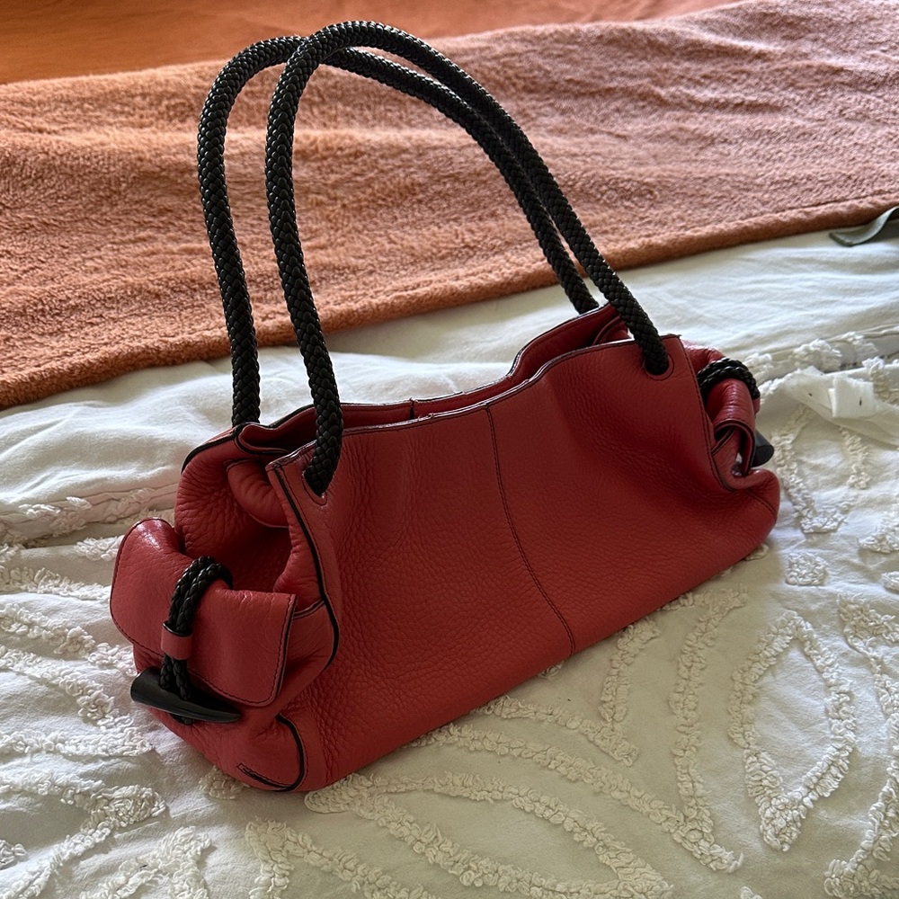 Pink peachy red Leather Shoulder Tote with Black Rope Handles, 2000s